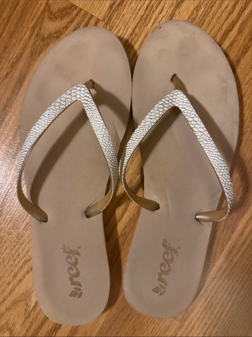 Reef Women’s Tan Footbed Flip Flops with Metallic Silver Snake-Textured Straps
